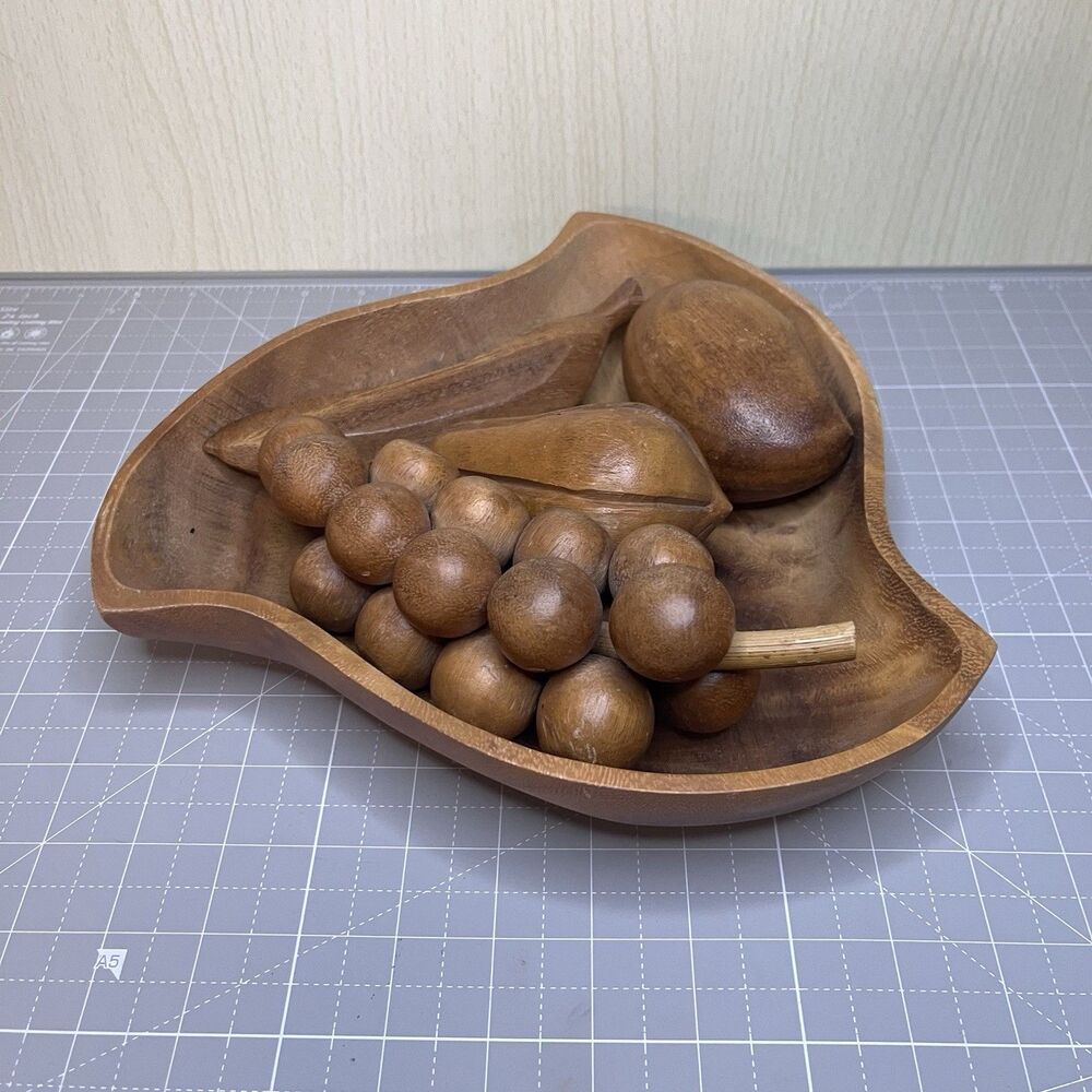 Vintage MCM Wood Fruit Tray Hand Carved 5 pc Set decor art deco boho Mid Century